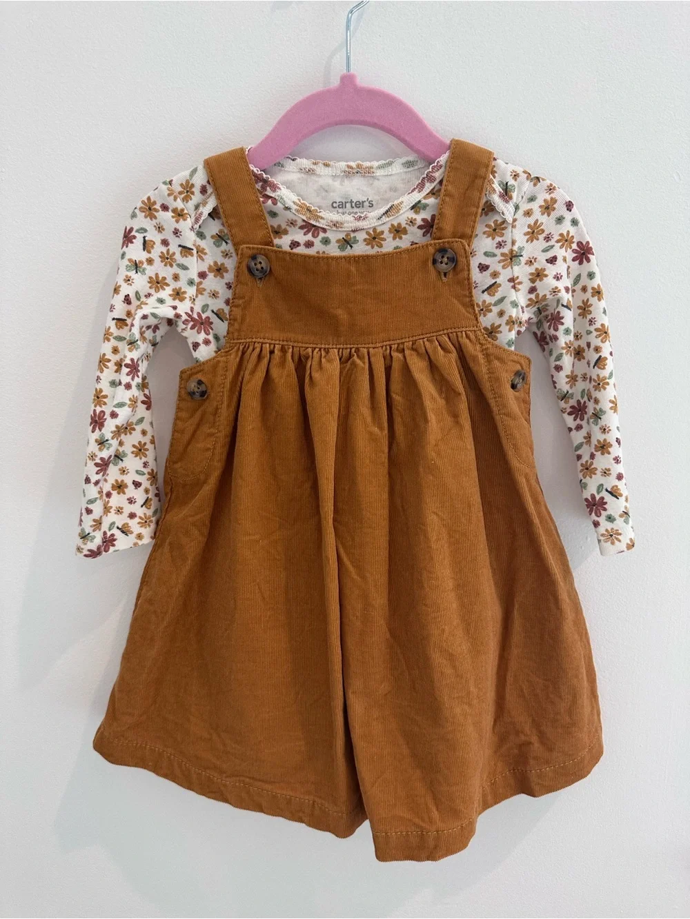Carter’s Baby Girl Brown Corduroy Pinafore Dress with Floral Long Sleeve Onesie